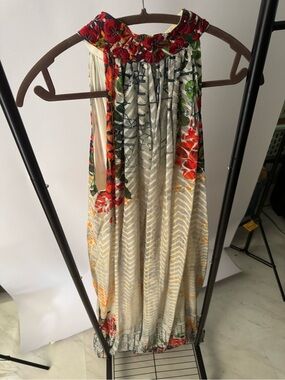 Anthropologie Floral Embroidered Halter Maxi Dress in Cream, Red, Green